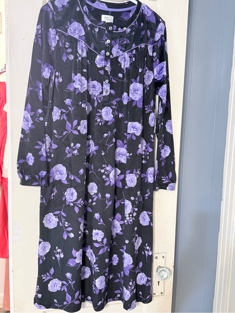 Black Floral Nightgown with Purple Rose Print
